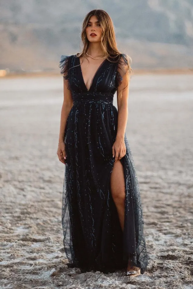 Women Annika Sequin Mesh Maxi Dress Navy Baltic Born Tulle Styles
