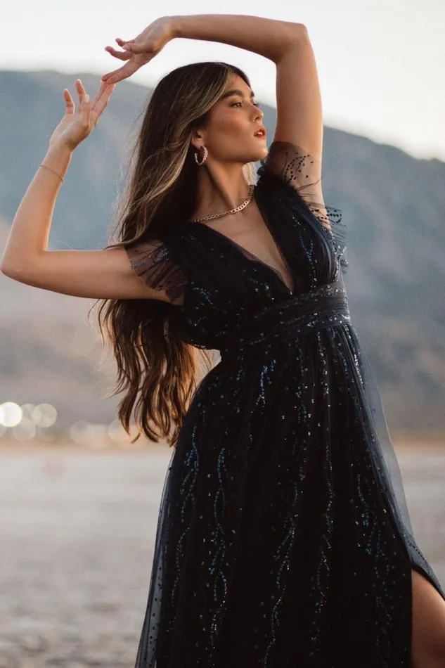 Women Annika Sequin Mesh Maxi Dress Navy Baltic Born Tulle Styles