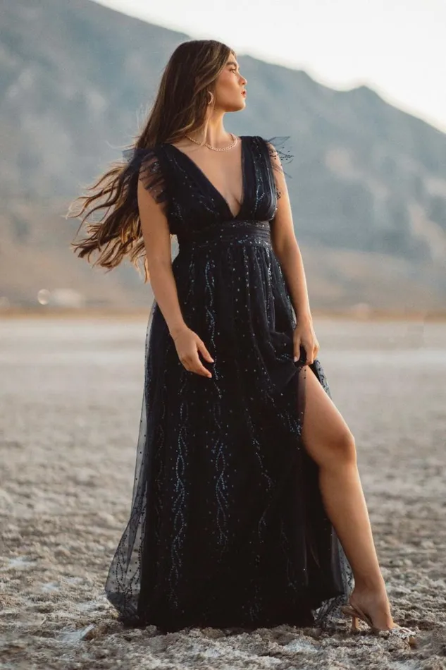 Women Annika Sequin Mesh Maxi Dress Navy Baltic Born Tulle Styles