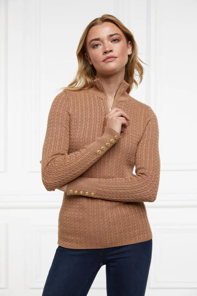 Women Ava Quarter Zip Knit Dark Camel Marl Holland Cooper Knitwear