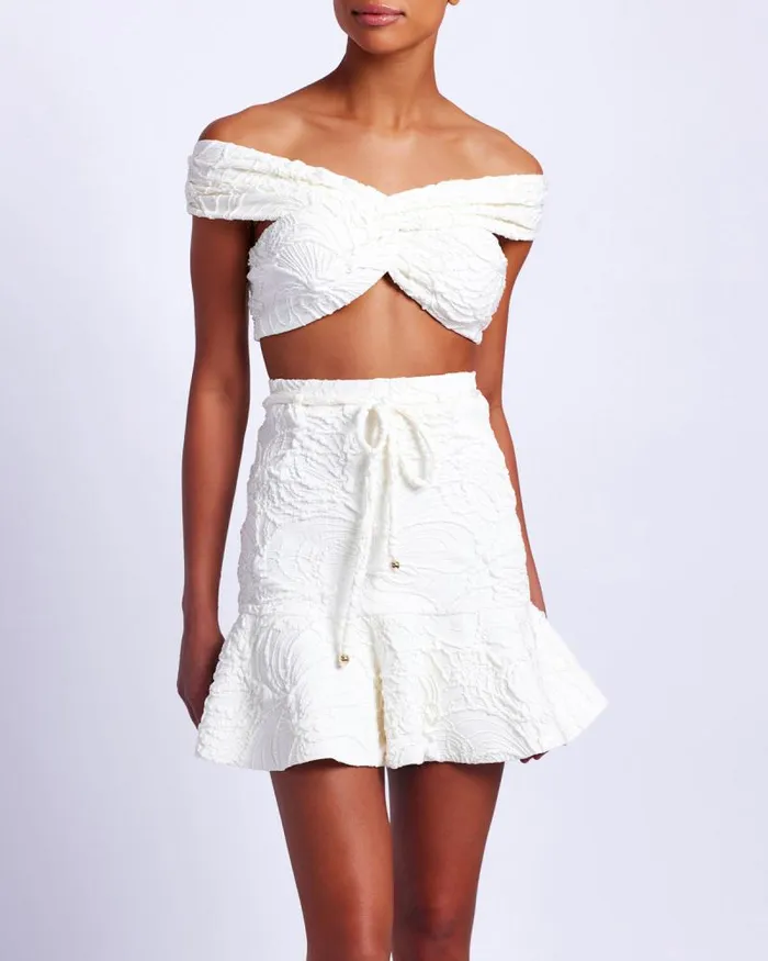Women Bikinis PatBO Jacquard OfftheShoulder Bikini Top White