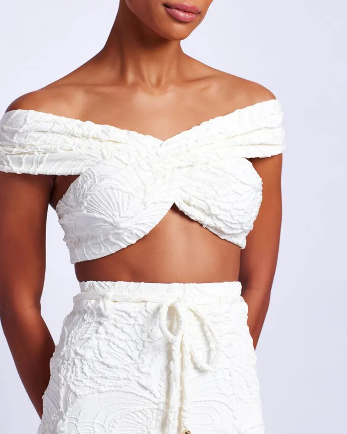 Women Bikinis PatBO Jacquard OfftheShoulder Bikini Top White