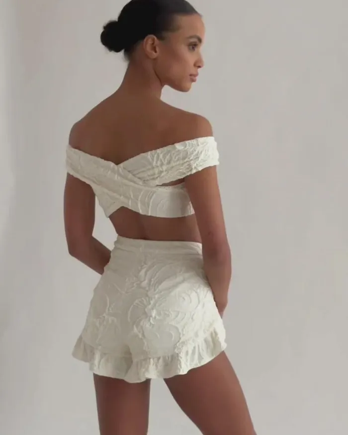 Women Bikinis PatBO Jacquard OfftheShoulder Bikini Top White