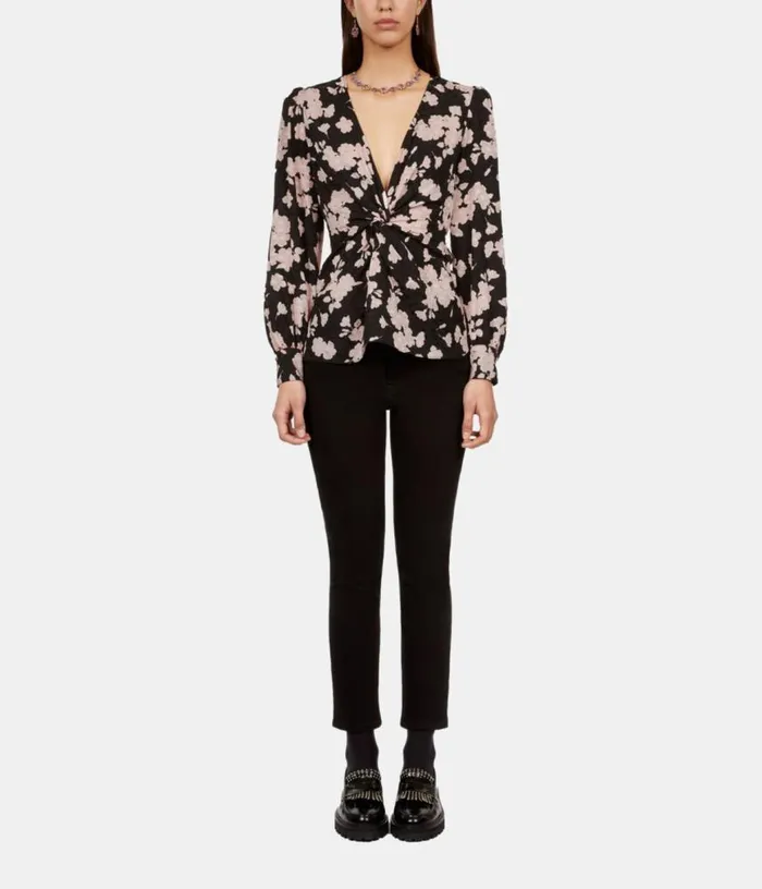 Women Black And Pink Floral Print Top With Draping And Front Twist THE KOOPLES Blouses and Shirts