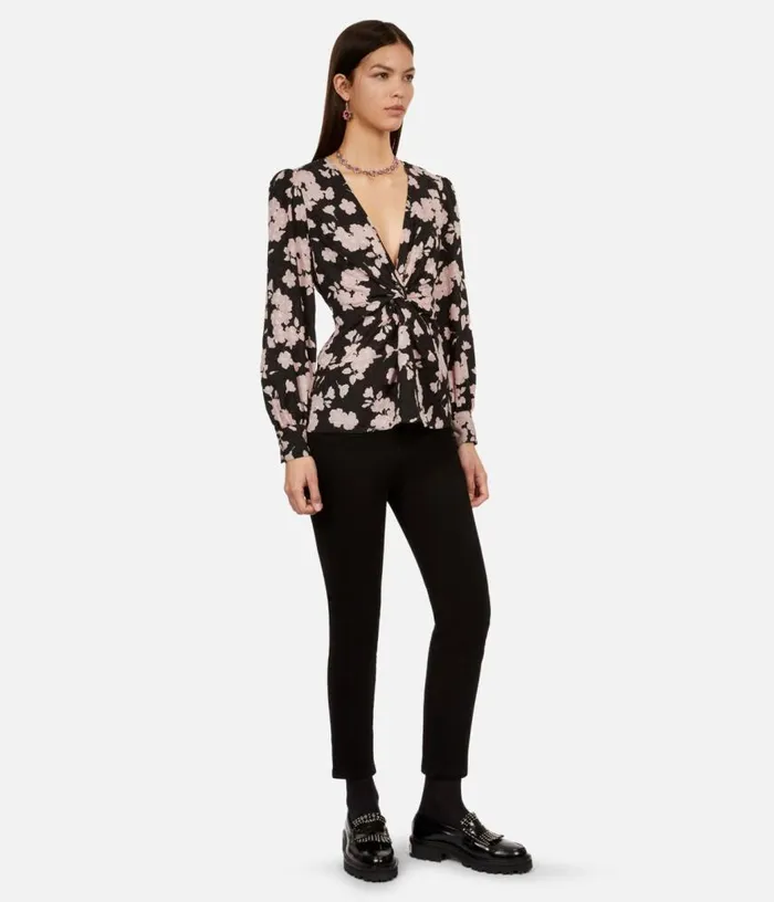 Women Black And Pink Floral Print Top With Draping And Front Twist THE KOOPLES Blouses and Shirts Women Black And Pink Floral Print Top With Draping And Front Twist THE KOOPLES Blouses and Shirts
