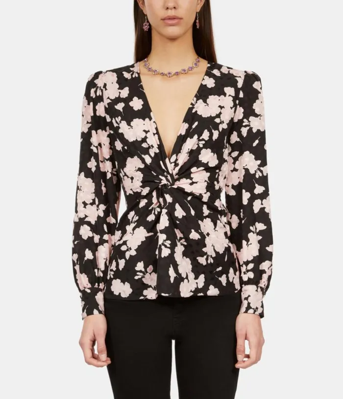 Women Black And Pink Floral Print Top With Draping And Front Twist THE KOOPLES Blouses and Shirts Women Black And Pink Floral Print Top With Draping And Front Twist THE KOOPLES Blouses and Shirts