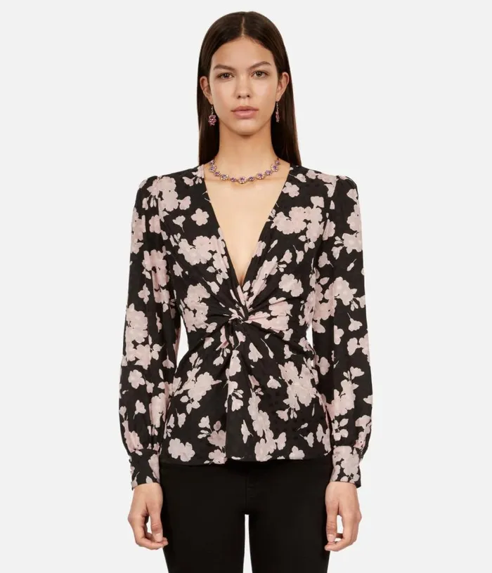 Women Black And Pink Floral Print Top With Draping And Front Twist THE KOOPLES Blouses and Shirts Women Black And Pink Floral Print Top With Draping And Front Twist THE KOOPLES Blouses and Shirts