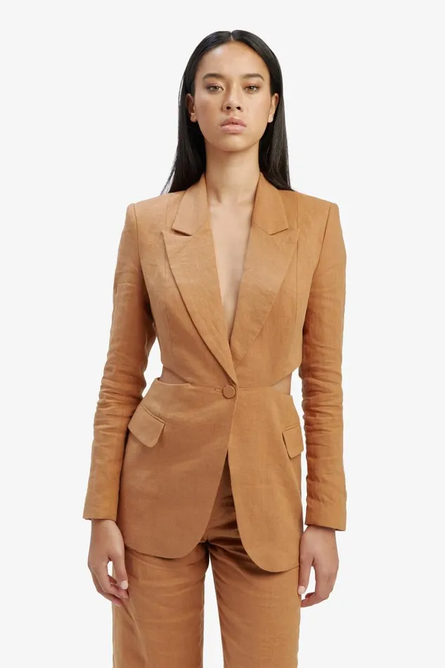 Women Blazers Bardot Domenica Linen Cut Out Blazer In Camel Camel Women Blazers Bardot Domenica Linen Cut Out Blazer In Camel Camel
