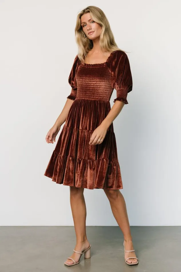 Women Bliss Smocked Velvet Short Dress Desert Rose Baltic Born Short Dresses Women Bliss Smocked Velvet Short Dress Desert Rose Baltic Born Short Dresses