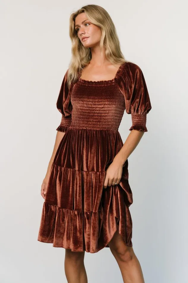 Women Bliss Smocked Velvet Short Dress Desert Rose Baltic Born Short Dresses Women Bliss Smocked Velvet Short Dress Desert Rose Baltic Born Short Dresses
