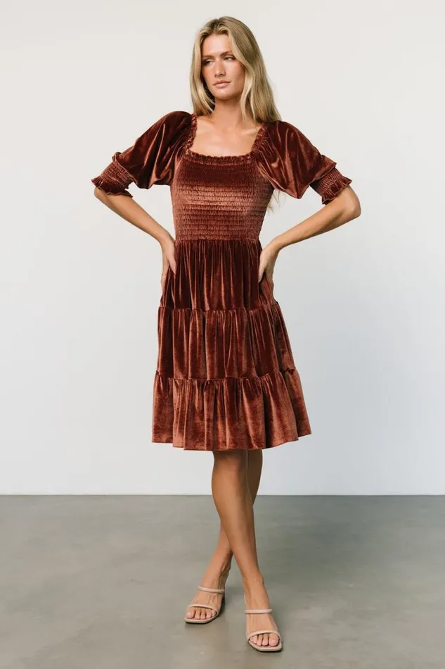 Women Bliss Smocked Velvet Short Dress Desert Rose Baltic Born Short Dresses Women Bliss Smocked Velvet Short Dress Desert Rose Baltic Born Short Dresses