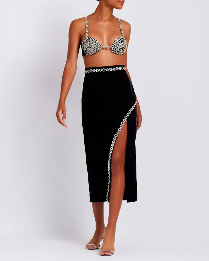 Women Bottoms PatBO Crystal Chain Midi Skirt FINAL SALE Black