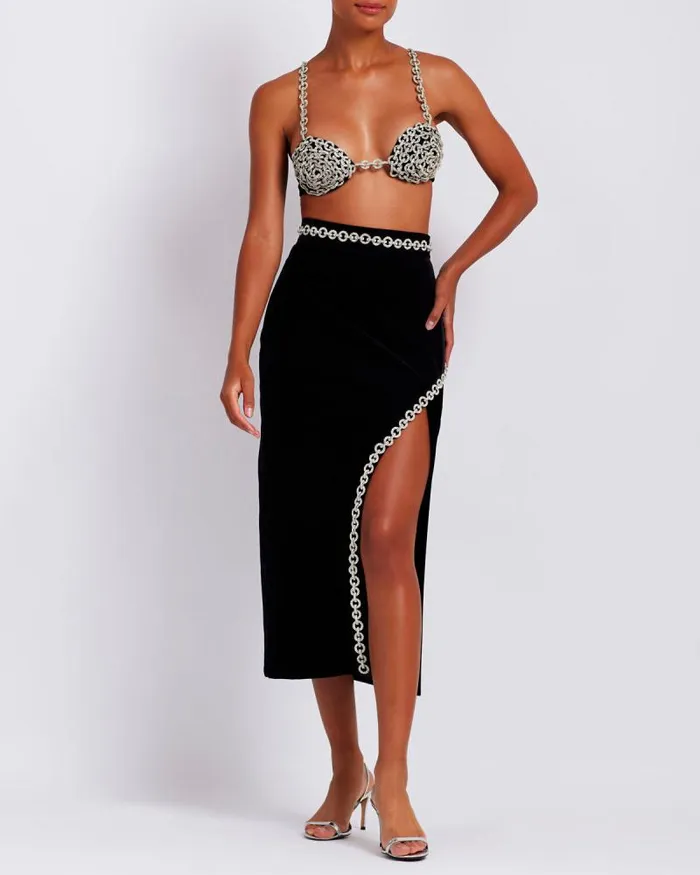 Women Bottoms PatBO Crystal Chain Midi Skirt FINAL SALE Black