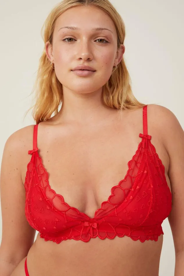 Women Bras Cotton On Sasha Embroidered Mesh Triangle Bralette Scarlett Red
