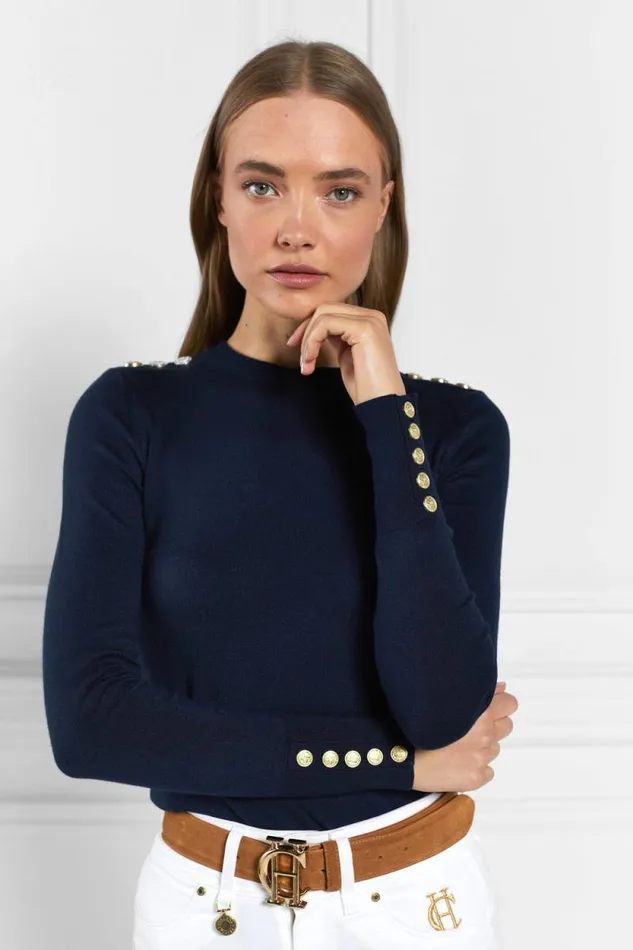 Women Buttoned Knit Crew Neck Ink Navy Holland Cooper Knitwear