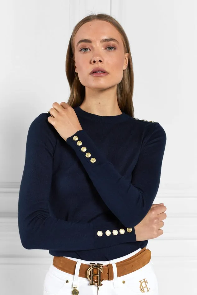 Women Buttoned Knit Crew Neck Ink Navy Holland Cooper Knitwear