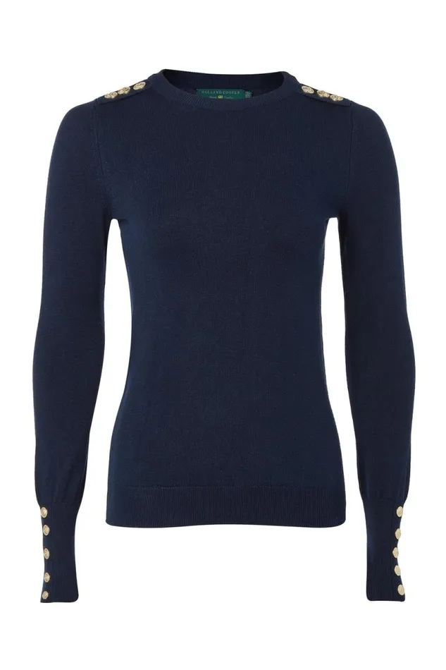 Women Buttoned Knit Crew Neck Ink Navy Holland Cooper Knitwear