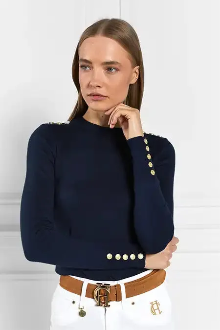Women Buttoned Knit Crew Neck Ink Navy Holland Cooper Knitwear