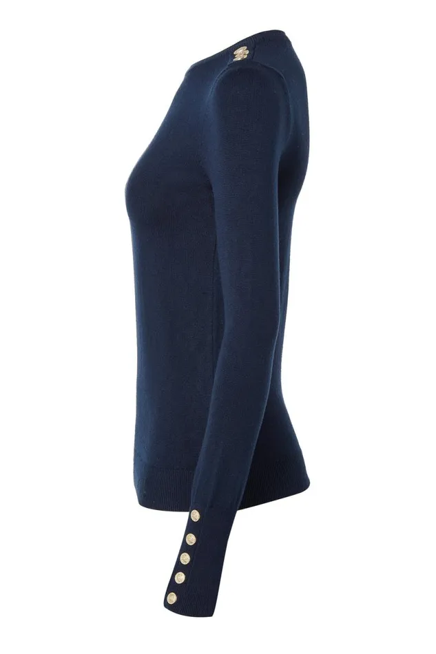 Women Buttoned Knit Crew Neck Ink Navy Holland Cooper Knitwear