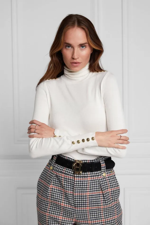 Women Buttoned Knit Roll Neck Cream Holland Cooper Knitwear