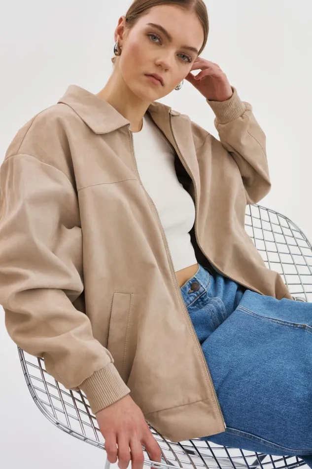 Women CADEN Oversized Suede Bomber Jacket Sand LAMARQUE Bombers