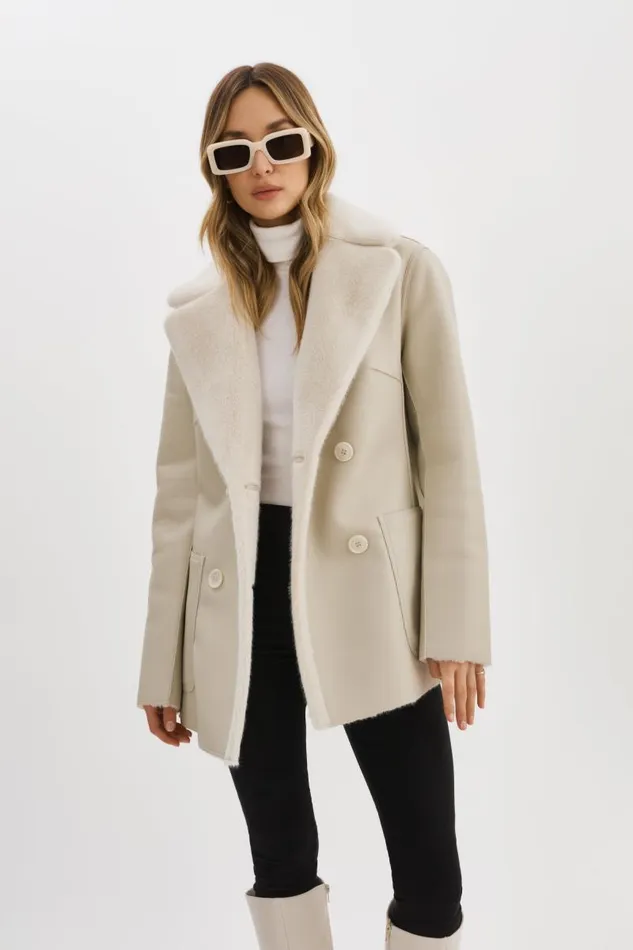 Women CAMILLE Faux Shearling Reversible Coat Ivory LAMARQUE Sherpa