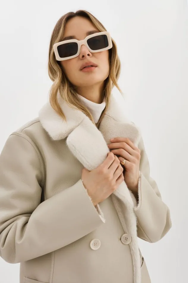 Women CAMILLE Faux Shearling Reversible Coat Ivory LAMARQUE Sherpa