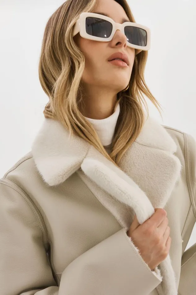 Women CAMILLE Faux Shearling Reversible Coat Ivory LAMARQUE Sherpa