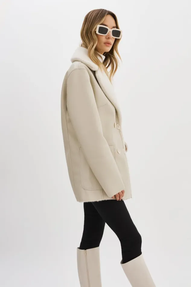 Women CAMILLE Faux Shearling Reversible Coat Ivory LAMARQUE Sherpa