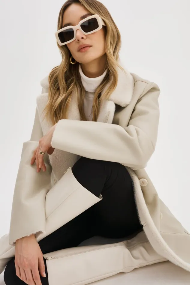 Women CAMILLE Faux Shearling Reversible Coat Ivory LAMARQUE Sherpa