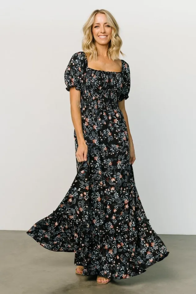 Women Capri Smocked Maxi Dress Midnight Floral Baltic Born Bump Friendly