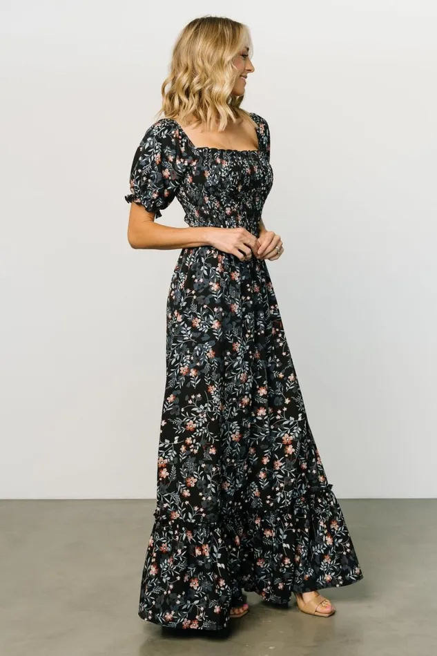 Women Capri Smocked Maxi Dress Midnight Floral Baltic Born Bump Friendly Women Capri Smocked Maxi Dress Midnight Floral Baltic Born Bump Friendly