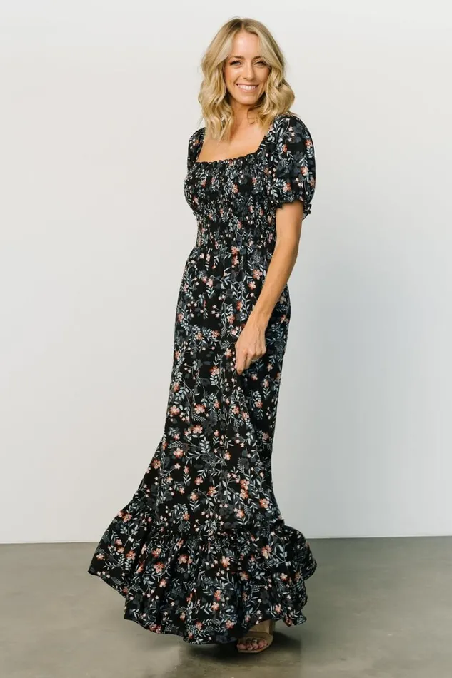 Women Capri Smocked Maxi Dress Midnight Floral Baltic Born Bump Friendly Women Capri Smocked Maxi Dress Midnight Floral Baltic Born Bump Friendly