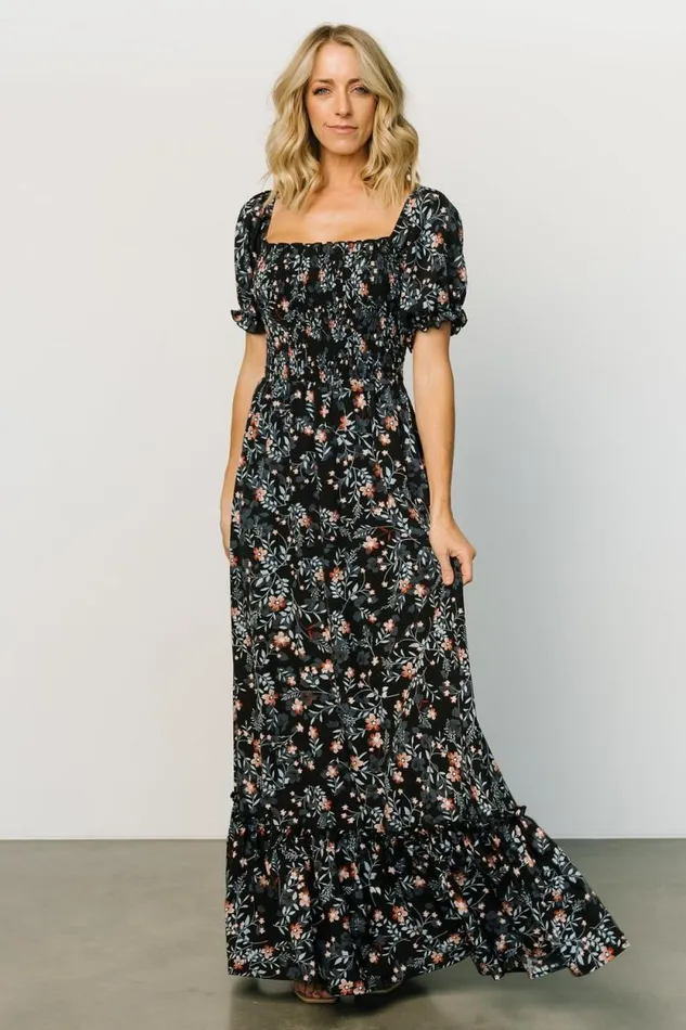 Women Capri Smocked Maxi Dress Midnight Floral Baltic Born Bump Friendly Women Capri Smocked Maxi Dress Midnight Floral Baltic Born Bump Friendly