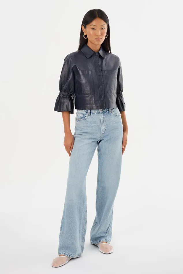 Women CAROLINA Leather Ruffle Sleeve Jacket Navy LAMARQUE Short Sleeve Jackets Women CAROLINA Leather Ruffle Sleeve Jacket Navy LAMARQUE Short Sleeve Jackets