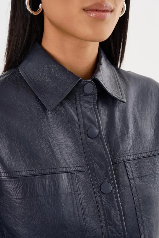 Women CAROLINA Leather Ruffle Sleeve Jacket Navy LAMARQUE Short Sleeve Jackets Women CAROLINA Leather Ruffle Sleeve Jacket Navy LAMARQUE Short Sleeve Jackets