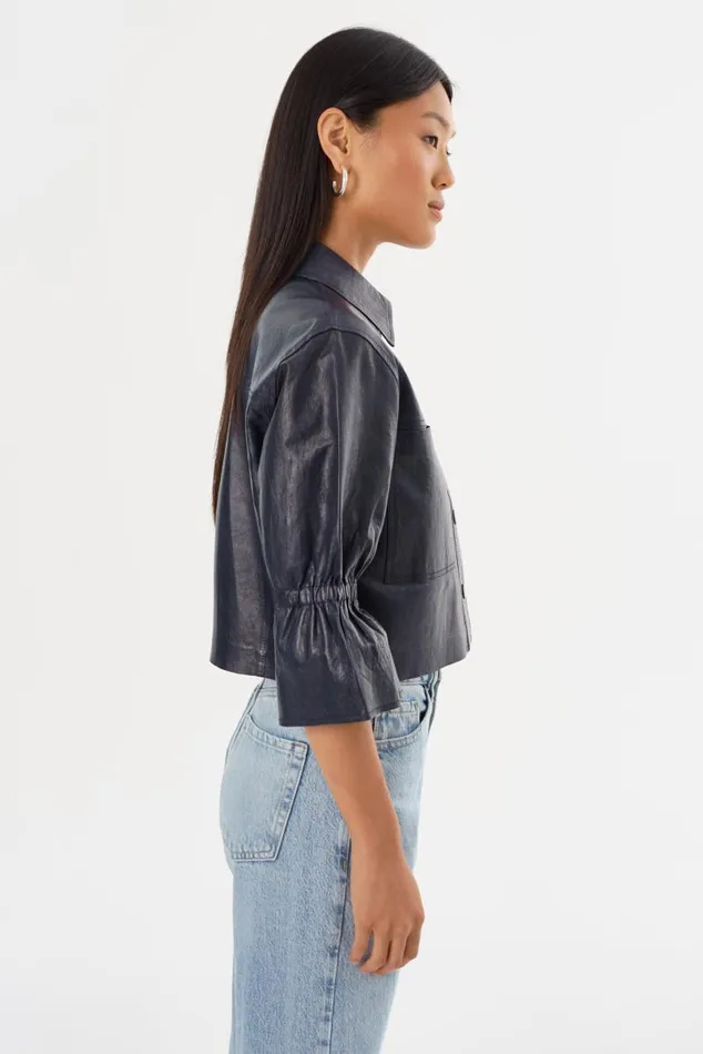 Women CAROLINA Leather Ruffle Sleeve Jacket Navy LAMARQUE Short Sleeve Jackets Women CAROLINA Leather Ruffle Sleeve Jacket Navy LAMARQUE Short Sleeve Jackets