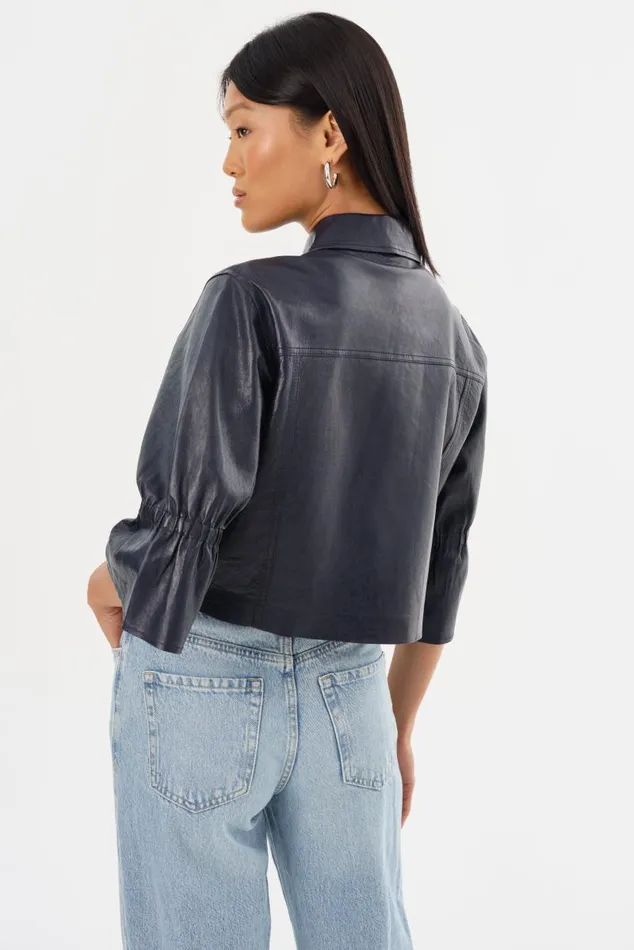 Women CAROLINA Leather Ruffle Sleeve Jacket Navy LAMARQUE Short Sleeve Jackets Women CAROLINA Leather Ruffle Sleeve Jacket Navy LAMARQUE Short Sleeve Jackets
