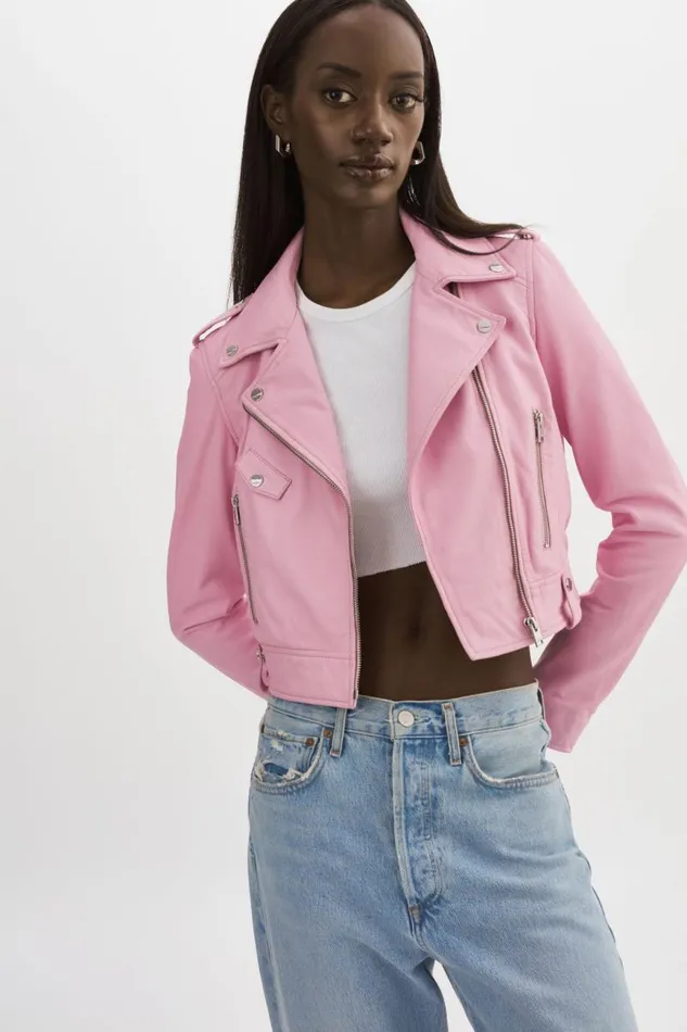 Women CIARA Leather Crop Biker Jacket Orchid Pink LAMARQUE Leather Jackets