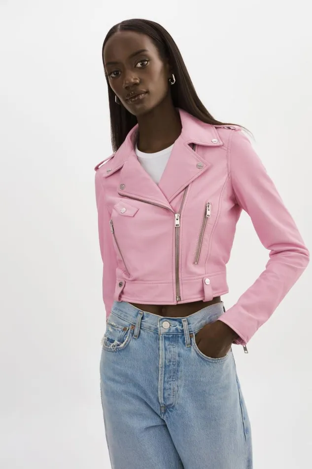 Women CIARA Leather Crop Biker Jacket Orchid Pink LAMARQUE Leather Jackets