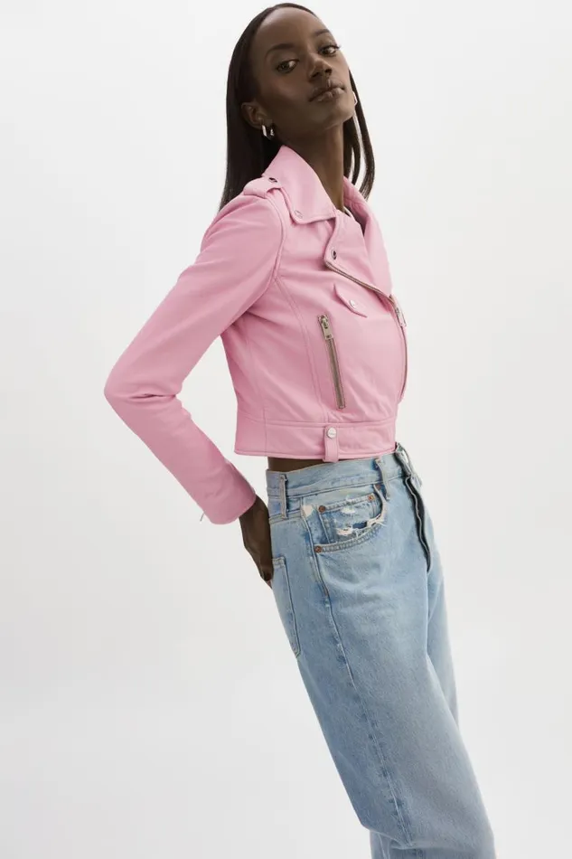 Women CIARA Leather Crop Biker Jacket Orchid Pink LAMARQUE Leather Jackets
