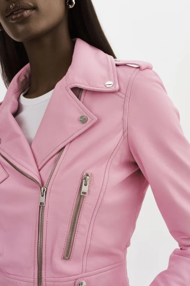 Women CIARA Leather Crop Biker Jacket Orchid Pink LAMARQUE Leather Jackets