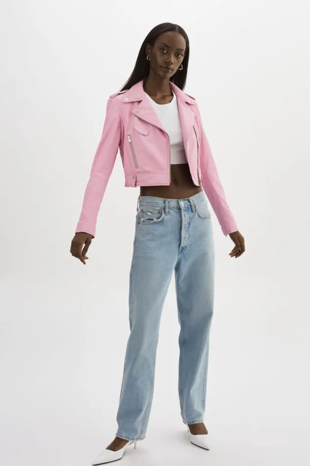 Women CIARA Leather Crop Biker Jacket Orchid Pink LAMARQUE Leather Jackets