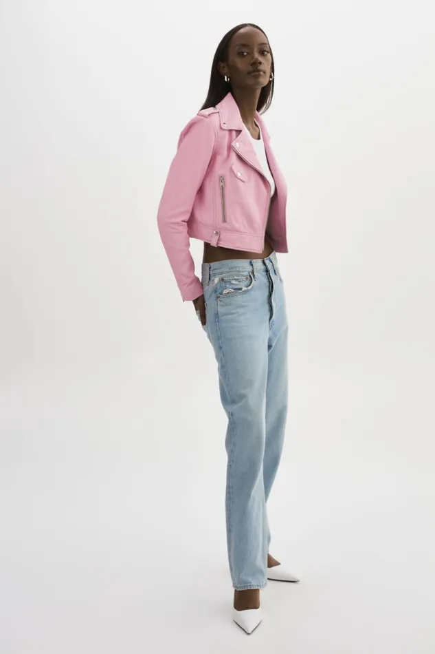 Women CIARA Leather Crop Biker Jacket Orchid Pink LAMARQUE Leather Jackets