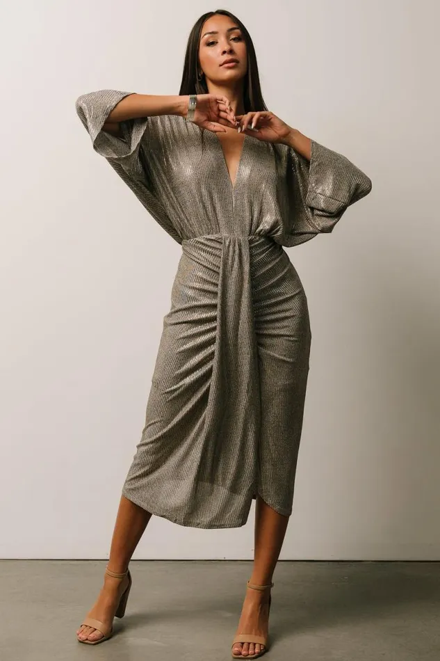 Women Ciara Ruched Midi Dress Silver Metallic Baltic Born Midi Dresses