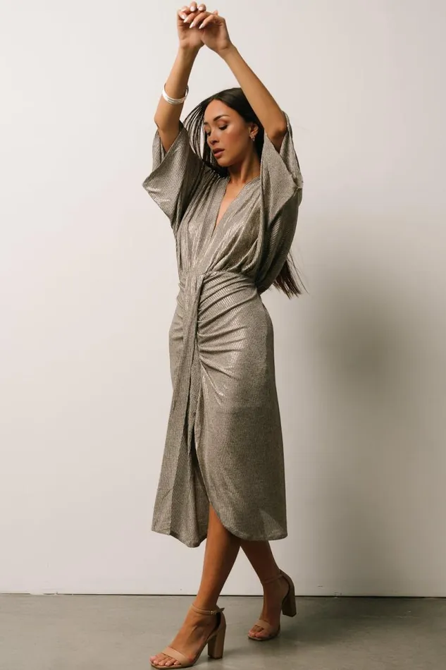 Women Ciara Ruched Midi Dress Silver Metallic Baltic Born Midi Dresses Women Ciara Ruched Midi Dress Silver Metallic Baltic Born Midi Dresses