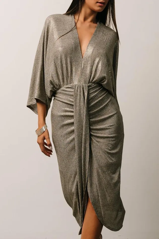 Women Ciara Ruched Midi Dress Silver Metallic Baltic Born Midi Dresses Women Ciara Ruched Midi Dress Silver Metallic Baltic Born Midi Dresses
