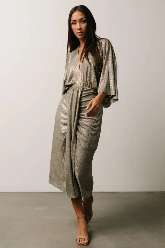 Women Ciara Ruched Midi Dress Silver Metallic Baltic Born Midi Dresses Women Ciara Ruched Midi Dress Silver Metallic Baltic Born Midi Dresses