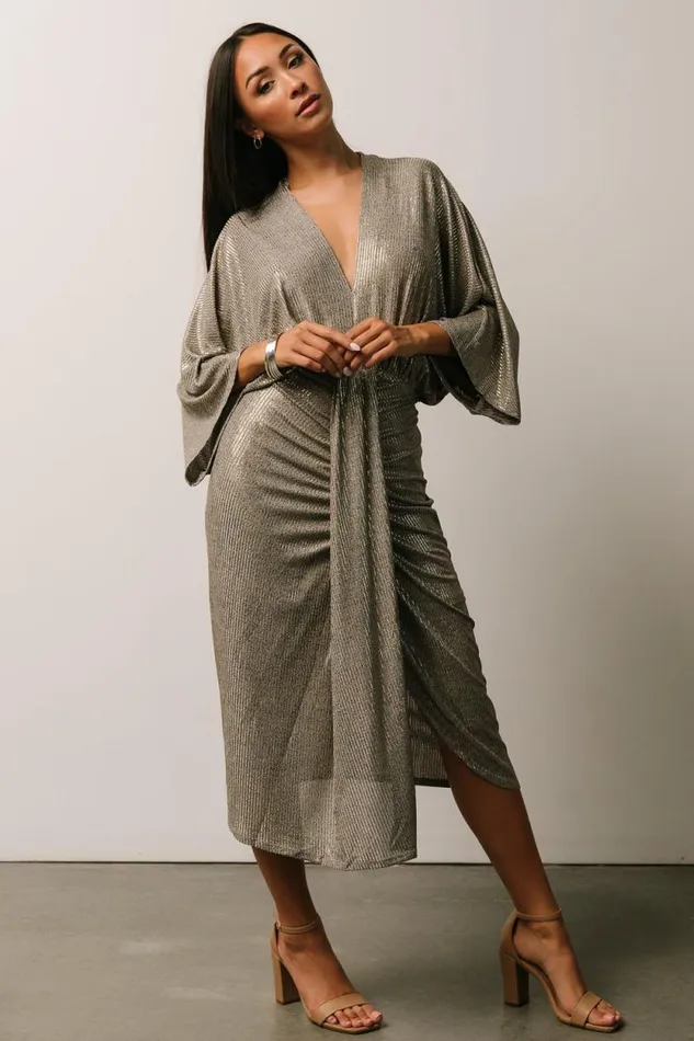 Women Ciara Ruched Midi Dress Silver Metallic Baltic Born Midi Dresses Women Ciara Ruched Midi Dress Silver Metallic Baltic Born Midi Dresses