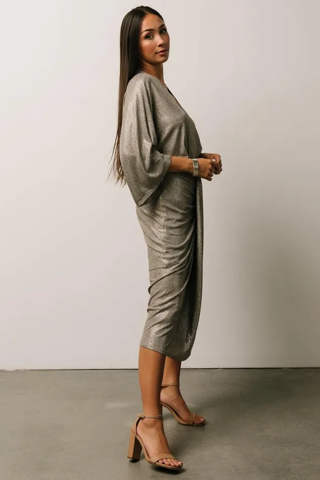 Women Ciara Ruched Midi Dress Silver Metallic Baltic Born Midi Dresses Women Ciara Ruched Midi Dress Silver Metallic Baltic Born Midi Dresses